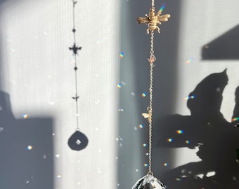 Honey Bee Sun catcher with Amythest Swarovski beads, Brass Wall Hanging, Nature Decor