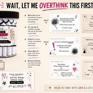 May include: A clear plastic jar with a black lid containing rolled white paper slips. The label reads: Wait, let me OVERTHINK this first. Includes six rectangular cards with printed text, hand-drawn doodles, and motivational messages in black, pink, and white.