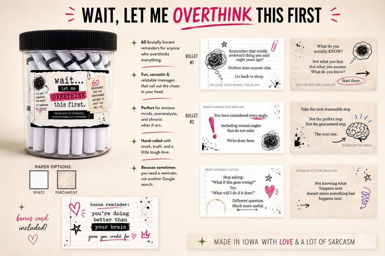 May include: A clear plastic jar with a black lid containing rolled white paper slips. The label reads: Wait, let me OVERTHINK this first. Includes six rectangular cards with printed text, hand-drawn doodles, and motivational messages in black, pink, and white.