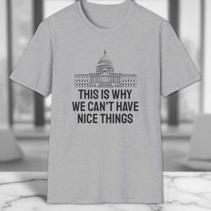 May include: A light grey t-shirt with a black graphic of the U.S. Capitol building and the text "THIS IS WHY WE CAN'T HAVE NICE THINGS". The shirt has a crew neck and short sleeves.