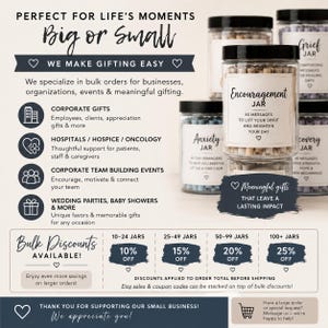 May include: Clear glass jars with black lids filled with rolled paper scrolls. Labels read Encouragement Jar, Anxiety Jar, Grief Jar, and Recovery Jar. Text includes information on bulk orders, corporate gifts, and tiered discount percentages from 10% to 25% off.
