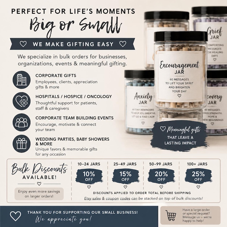 May include: Clear glass jars with black lids filled with rolled paper scrolls. Labels read Encouragement Jar, Anxiety Jar, Grief Jar, and Recovery Jar. Text includes information on bulk orders, corporate gifts, and tiered discount percentages from 10% to 25% off.