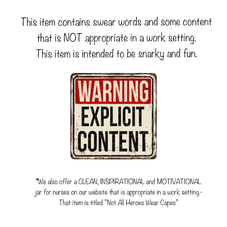 May include: A square sign with a distressed, vintage-style border featuring a red banner at the top with the word WARNING in white, followed by the words EXPLICIT CONTENT in large black capital letters on a cream-colored background.