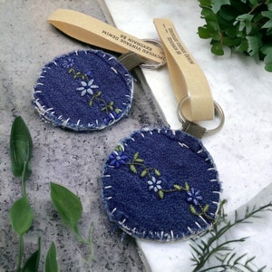 Upcycled Vintage Denim Keychains - Handmade with Original Navy & White Floral Embroidery and Button Designs