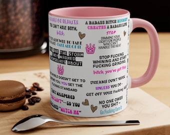 Badass Bitch Mug – Bold Affirmation Coffee Cup for Women | 11oz White & Pink Mug | Empowering Self-Love Gift | Leopard Hearts + Crowns