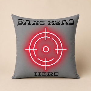 Bang Head Here / Cry Here, Rolig Bullseye-tryckkudde, Humoristisk heminredning, Present till vänner, Citatkudde, Loungekudde, Sovrumsinredning