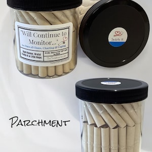 May include: A clear plastic jar with a black lid containing rolled parchment paper scrolls. The label reads: Will Continue to Monitor... 60 Days of Chaos, Charting & Coping, Dark Humor, Brutal Truths & a Little Hope. The lid features a Sedate It logo.