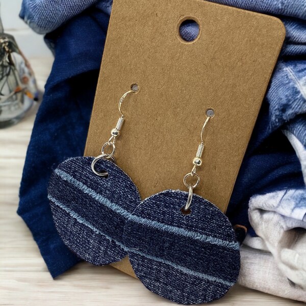 Trendy Round Denim Stripe Earrings with Fringe | Boho-Chic Statement Jewelry | Handcrafted Fashion