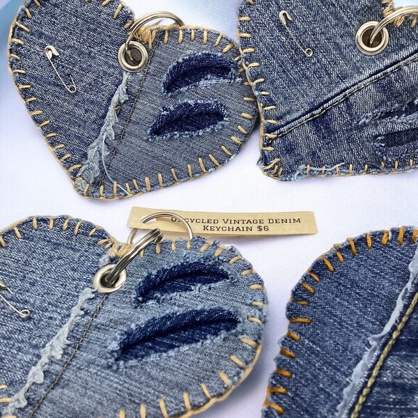 Handmade Heart-Shaped Upcycled Vintage Denim Keychain