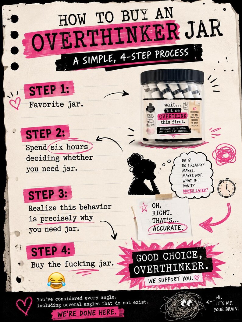 May include: A clear plastic jar with a black lid filled with white and black paper rolls. The label reads: wait... let me OVERTHINK this first. The surrounding text outlines a 4-step process for buying the jar, featuring pink accents, hand-drawn doodles, and humorous phrases like Good choice, overthinker.