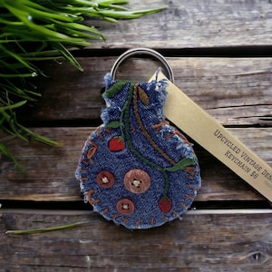 Upcycled Embroidered Vintage Denim Keychain with Dainty Red Flowers and Vintage Resin Buttons