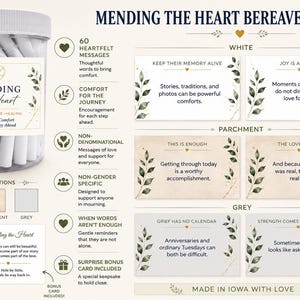 May include: A clear plastic jar filled with 60 rolled paper messages labeled Mending the Heart. The set includes white, parchment, and grey paper options with printed text and botanical illustrations. It features cards with comforting messages.