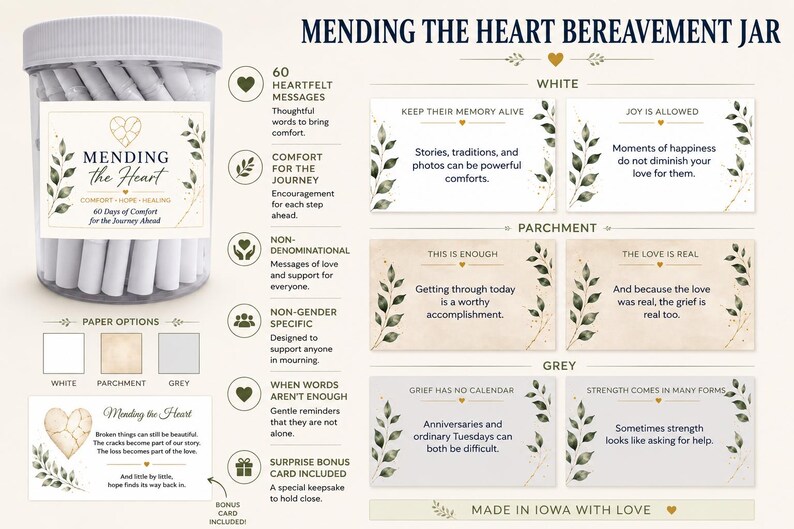 May include: A clear plastic jar filled with 60 rolled paper messages labeled Mending the Heart. The set includes white, parchment, and grey paper options with printed text and botanical illustrations. It features cards with comforting messages.