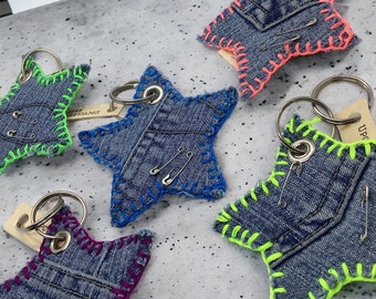 Handmade Star-Shaped Upcycled Vintage Denim Keychain | Bright Neon Colored Top Stitch