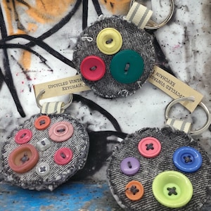 Handmade Upcycled Acid Wash Grey Vintage Denim Keychain | Vintage Button Detail