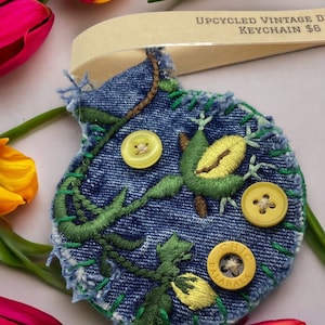 Upcycled Denim Keychain: Embroidered Floral, Vintage Button Detail