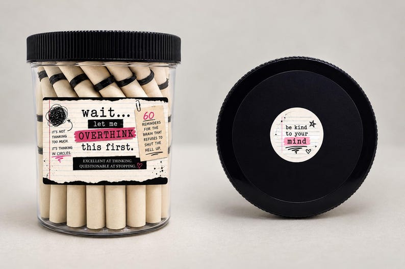 May include: A clear plastic jar with a black lid containing beige paper rolls. The label reads: wait... let me OVERTHINK this first. It's not thinking too much. It's thinking in circles. 60 reminders for the brain that refuses to shut the hell up.