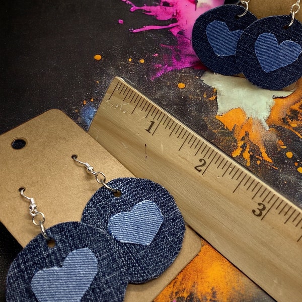 Cute and Fun Upcycled Denim Earrings with Adorable Denim Heart Patch | Handcrafted Fashion