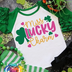 St Patrick&#39;s Day SVG, Miss Lucky Charm SVG dxf, png, eps, cricut, silhouette st paddy&#39;s cut file, cute st patrick shirt design for girls