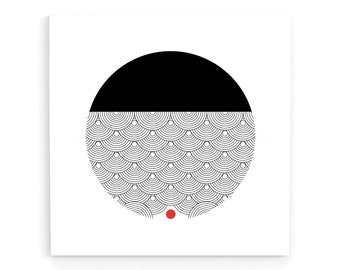 以下が含まれることがあります： 中央に赤い点がある白黒の抽象的な幾何学模様。デザインは、上半分が黒、下半分が白の円になっており、重なり合った半円のパターンが描かれている。