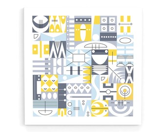 モダンな抽象的な壁アートプリント、トレンディな幾何学的なポスター、黄色と青のアートワーク、モダンな家の装飾、ボヘミアンの壁の装飾、正方形のアートプリント