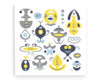 モダンな抽象的な壁アートプリント、トレンディな有機的な形のポスター、黄色と青の壁の装飾、ミッドセンチュリーのモダンなアートワーク、正方形のアートプリント