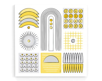 モダンな抽象的な壁アートプリント、ミッドセンチュリーモダン、幾何学的なアートプリント、黄色とグレーの壁装飾、正方形のポスター、グラフィックアートの壁装飾