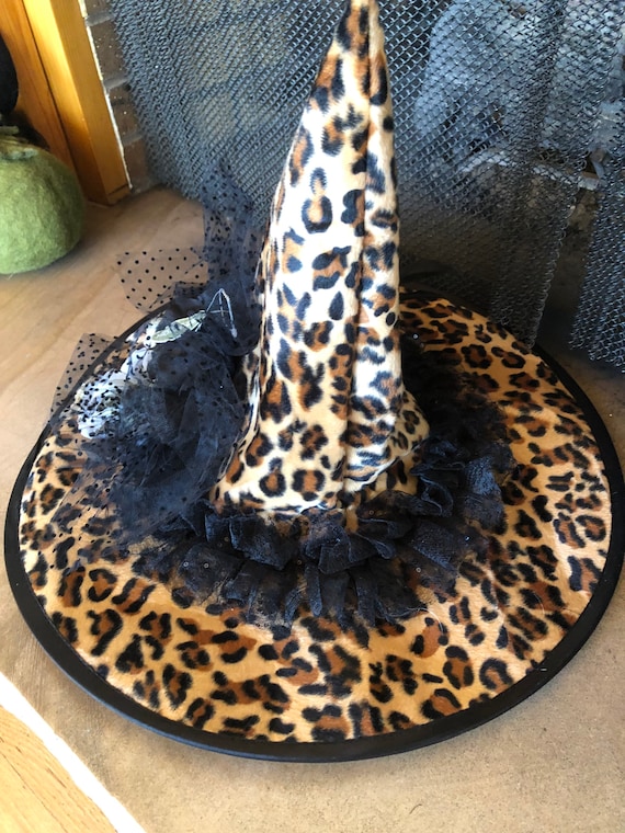 Vintage Witches hat with leopard, feathers and flo