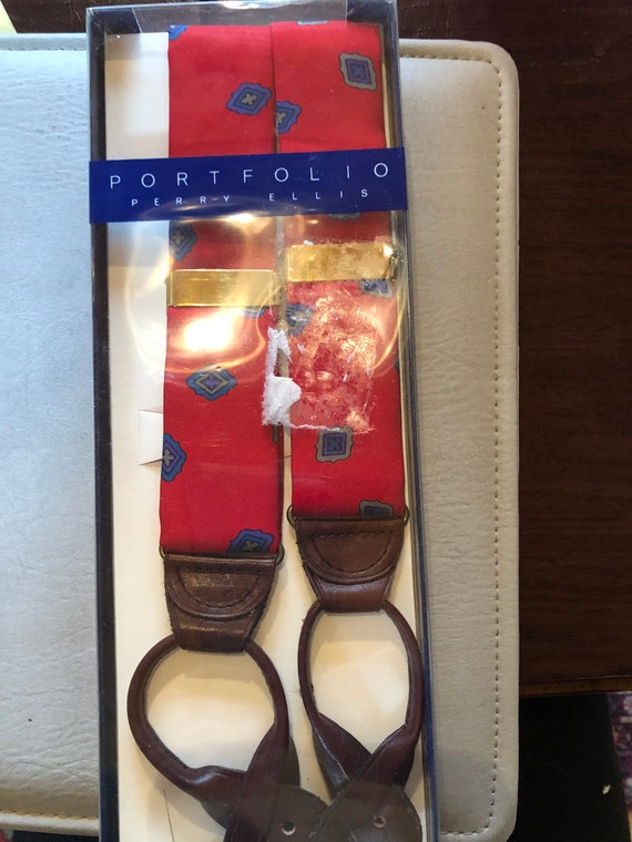 Perry Ellis silk suspenders with leather trim