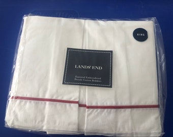 Lands End NWT white cotton percale king bed skirt with red trim