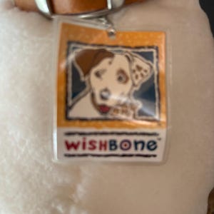 Puede incluir: Un perro de peluche blanco con un collar de cuero marr&oacute;n y una hebilla plateada. El perro tiene una etiqueta con una ilustraci&oacute;n de perro de dibujos animados y la palabra "wishBONE" en rojo y azul.