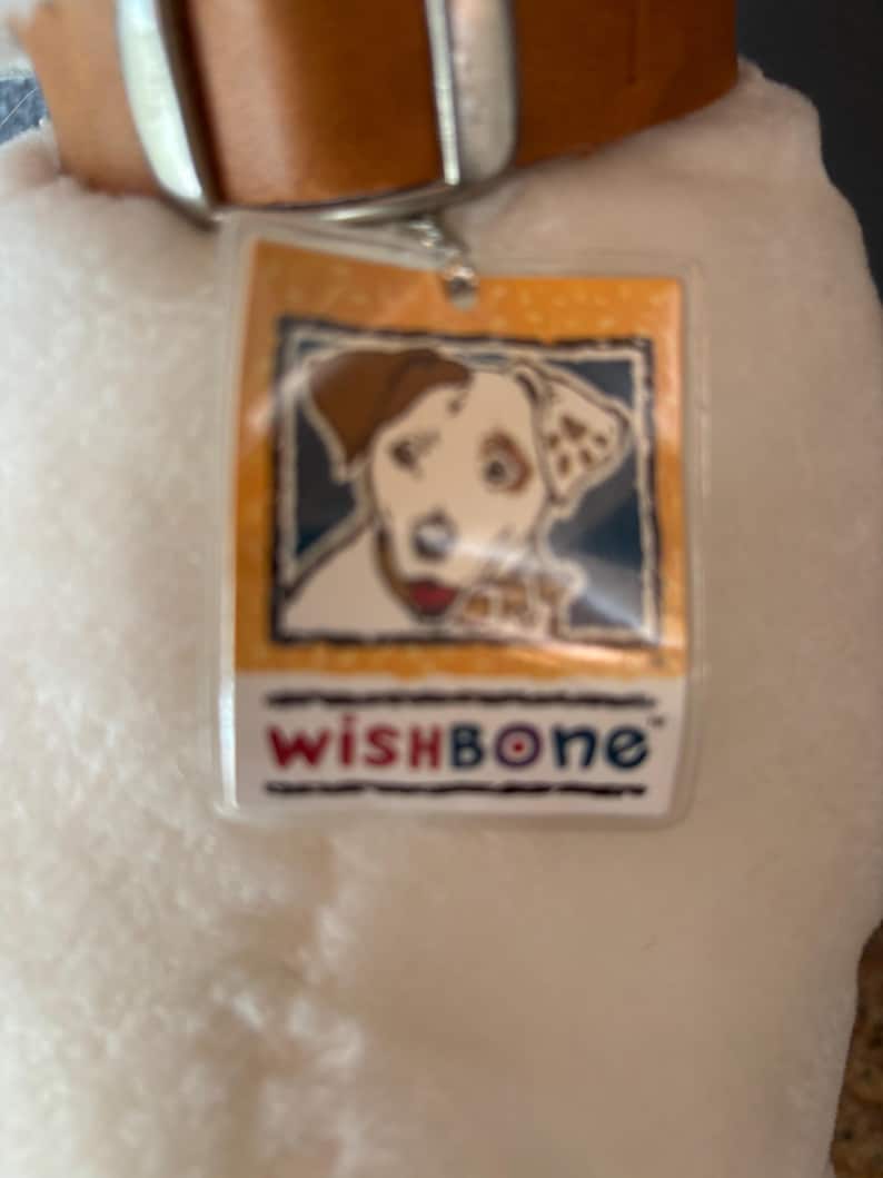 Puede incluir: Un perro de peluche blanco con un collar de cuero marr&oacute;n y una hebilla plateada. El perro tiene una etiqueta con una ilustraci&oacute;n de perro de dibujos animados y la palabra "wishBONE" en rojo y azul.