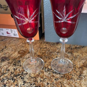 Vintage NWT Murano Ruby Red Cut-to-Clear Crystal Wine Glasses / Goblets pair
