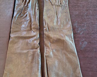 Vintage Made in France Brown Leather Gloves Size 6.5 Luxury Silk Unlined Mid-Length Mid-Century Evening Cocktail Gloves