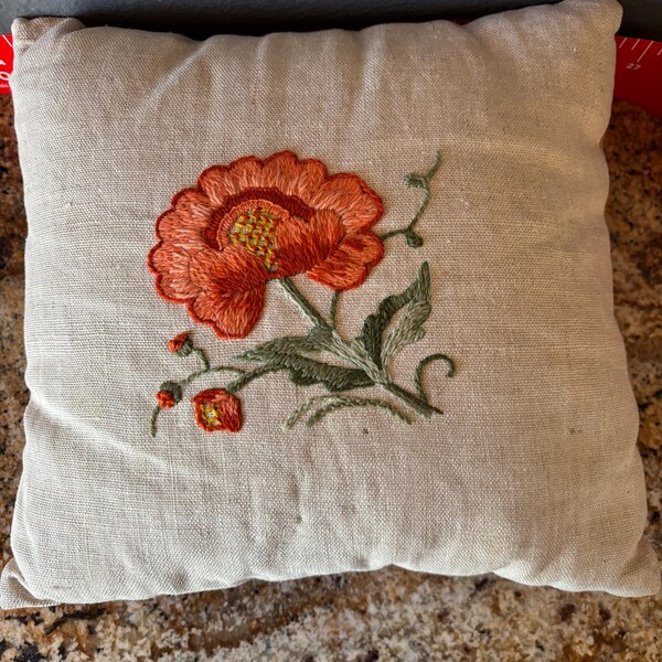Pillow vintage hand embroidered orange poppy 11x11”