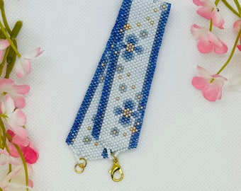 Seed bead Blue “Fairy Flowers” Peyote stitch Bracelet