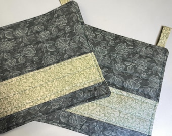 Handmade reversible green floral quilted Potholders set of 2