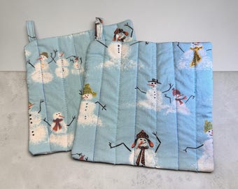 Handmade reversible Snowman quilted Potholders set of 2