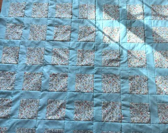 Machine Pieced Cotton Quilt Top: Teal Green Half Log Cabin Patchwork 46"