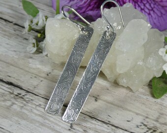 Copper Bar drop Earrings with floral print and handmade Fine Silver ear wires E-527