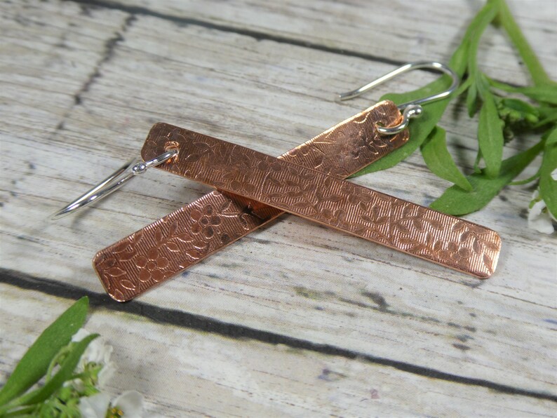 Copper Bar drop Earrings with floral print and handmade Fine Silver ear wires   E-527