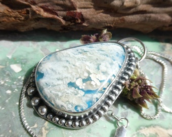 Sky Cloud Pendant, Blue Sky Plume Agate doublet Necklace on 20" sterling silver chain   N-105