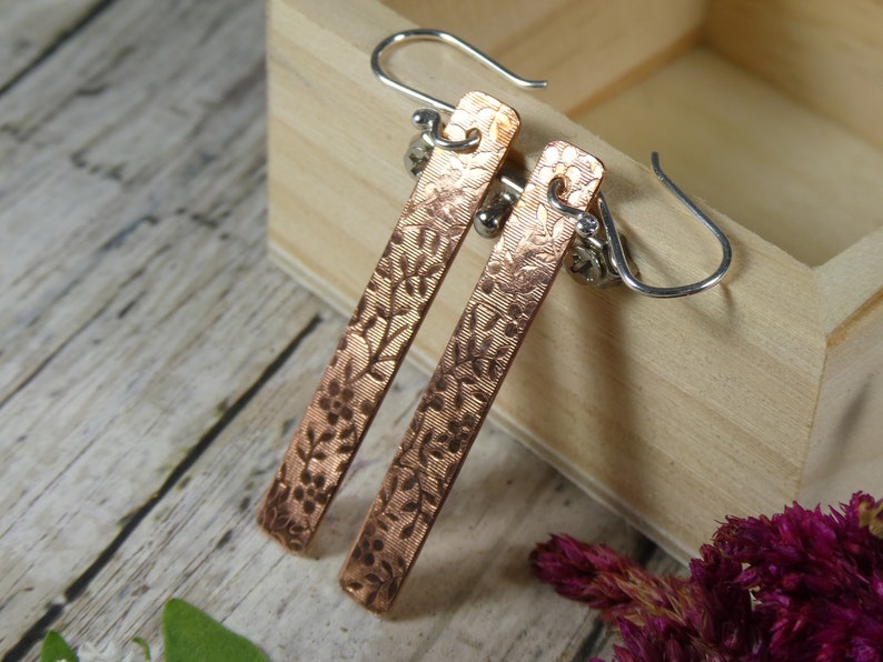 Copper Bar drop Earrings with floral print and handmade Fine Silver ear wires E-527