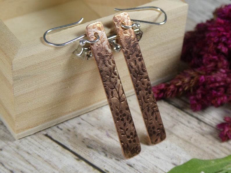 Copper Bar drop Earrings with floral print and handmade Fine Silver ear wires E-527