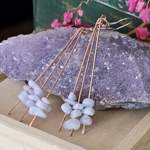 Copper drop earrings, hand hammered Copper Earrings with Blue Laguna Lace Agate stone beads, dangle  earrings, boho earrings E-531