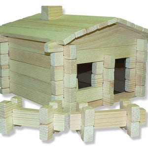May include: A wooden toy house with a fence made of wooden blocks. The house has a chimney and a window. The blocks are all natural wood color.