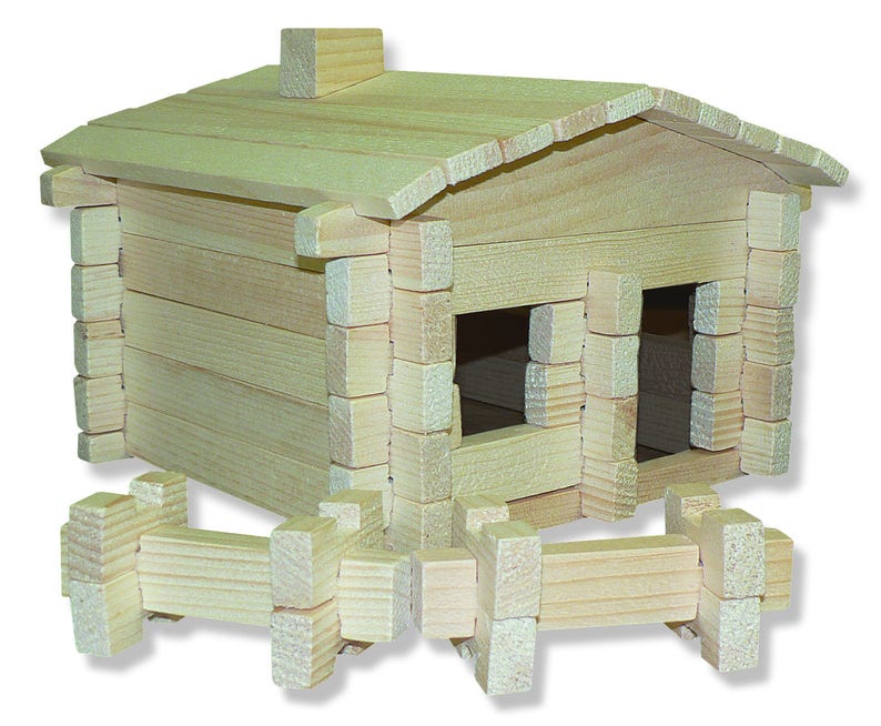 May include: A wooden toy house with a fence made of wooden blocks. The house has a chimney and a window. The blocks are all natural wood color.