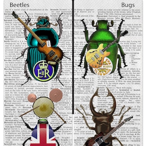 May include: A collage of images featuring beetles, guitars, and musical instruments. The beetles are depicted in a cartoon style with a green, blue, and black color scheme. The guitars are a mix of electric and acoustic styles, with a red, white, and blue color scheme. The text "Wearable Art - Be an Original!" is displayed at the top of the image.