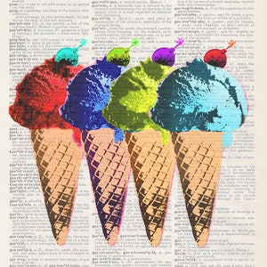 May include: Four ice cream cones with different colored scoops of ice cream. The cones are on a page of a dictionary with the word "grasp" highlighted. The ice cream flavors are red, blue, green, and light blue.