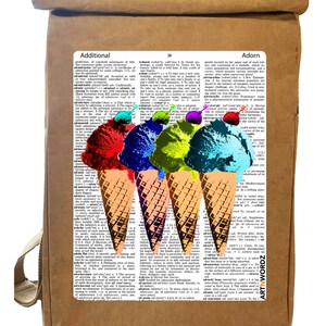 May include: A close-up of a dictionary page with the words "Additional", "Adonis", and "Adorn" highlighted.  Four colorful ice cream cones are superimposed over the page, with the cones pointing towards the bottom of the page.